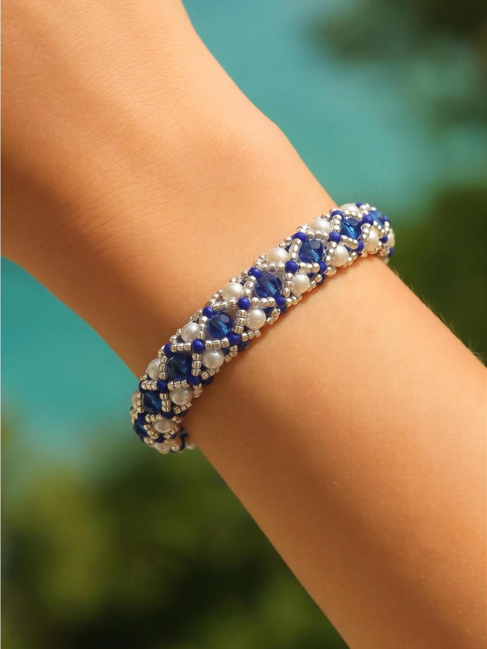 Blue and White Beaded Bracelet — Elegant Woven Design